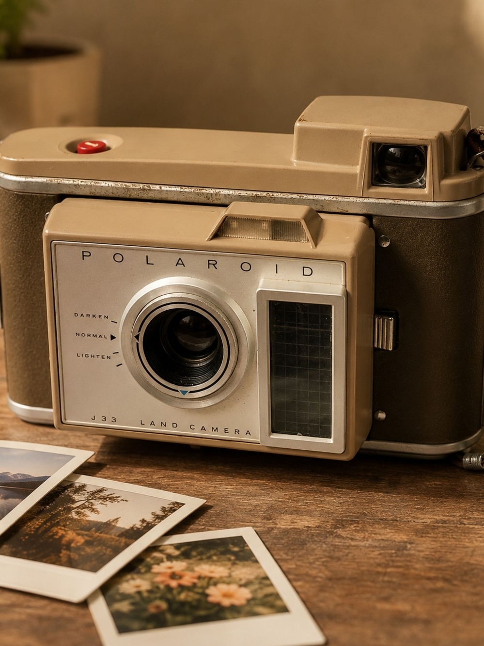 Vintage Polaroid J33 Land Camera Beige Brown w/ Strap